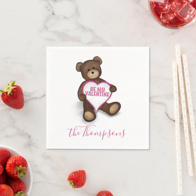 Valentine's Day Cute Pink Heart Teddy Bear Napkins (Insitu)