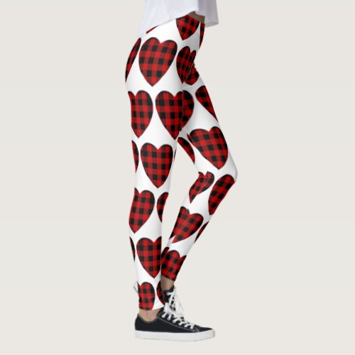 Valentines Day Cute Red Black White Plaid Hearts Leggings