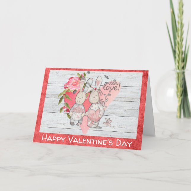 Valentines Day Cute Rustic Bunny Rabbit Card (Front)