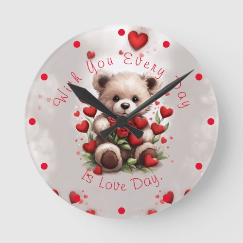 Valentines Day Cute Teddy with Red Roses  Hearts Round Clock