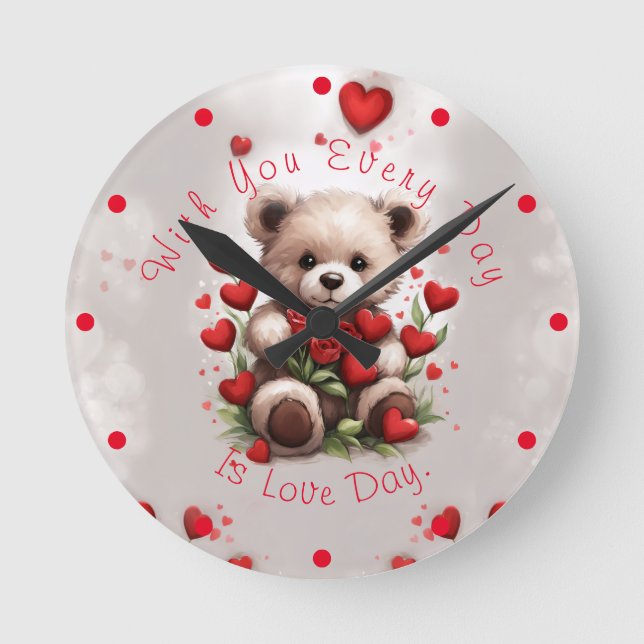 Valentine's Day Cute Teddy with Red Roses & Hearts Round Clock (Front)