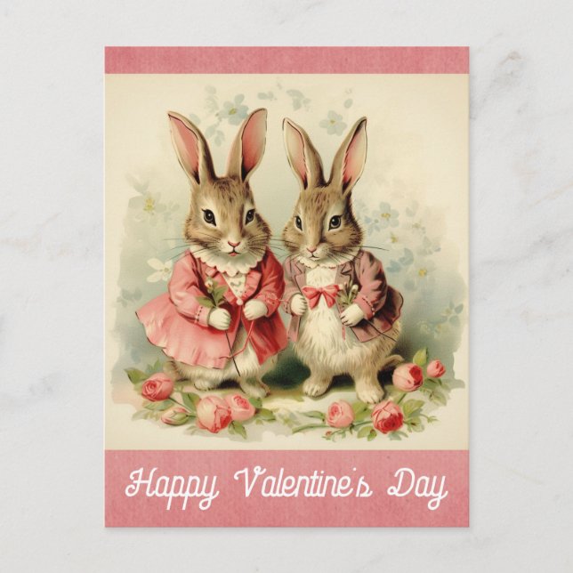 Valentines Day Cute Vintage Bunny Rabbit Postcard (Front)
