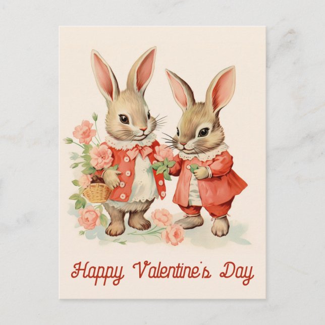Valentines Day Cute Vintage Bunny Rabbit Postcard (Front)