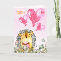 Valentines Day Cute Watercolor Hedgehog Holiday Card