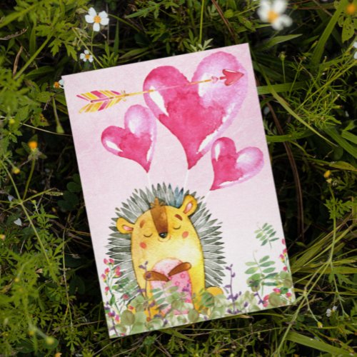 Valentines Day Cute Watercolor Hedgehog Holiday Card