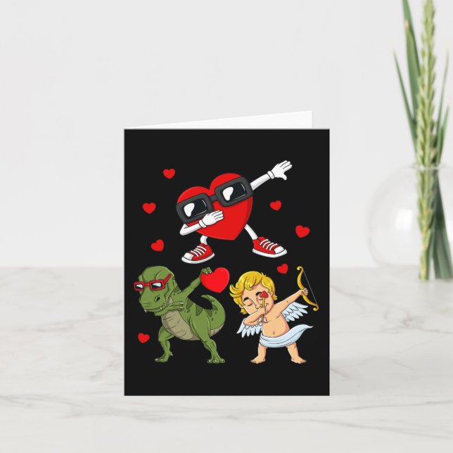 Valentines Day Dabbing Heart And Cupid Fun T Rex B Card (Front)