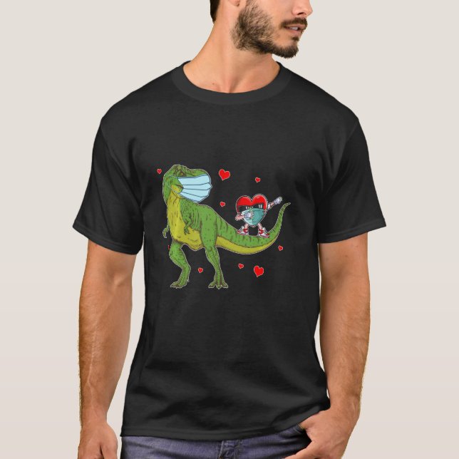 Valentines Day Dabbing Heart In A Mask Riding Dino T-Shirt (Front)