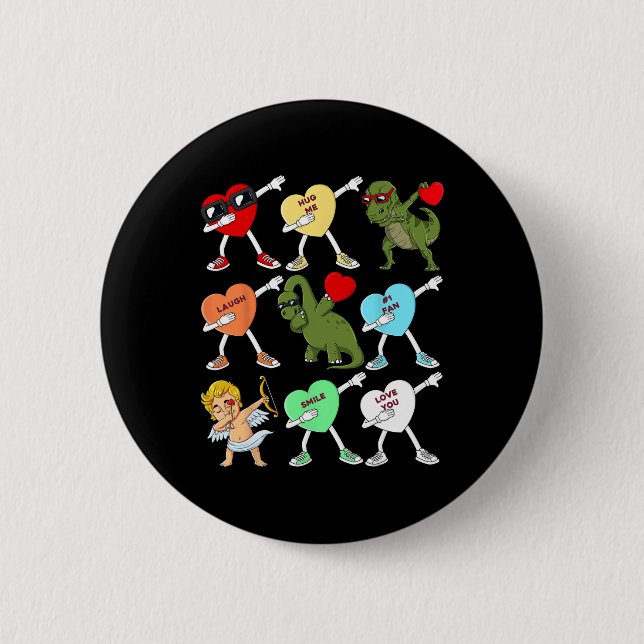 Valentines Day Dabbing Hearts Cupid T Rex Dino Dab Button (Front)