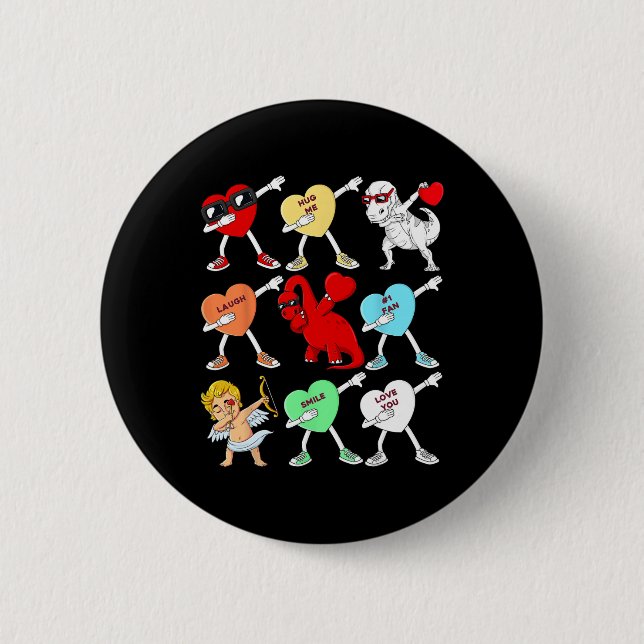 Valentines Day Dabbing Hearts Cupid T Rex Dino Dab Button (Front)