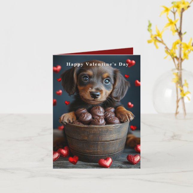 Valentine's Day Dachshund Puppy Red Hearts  Card (Yellow Flower)