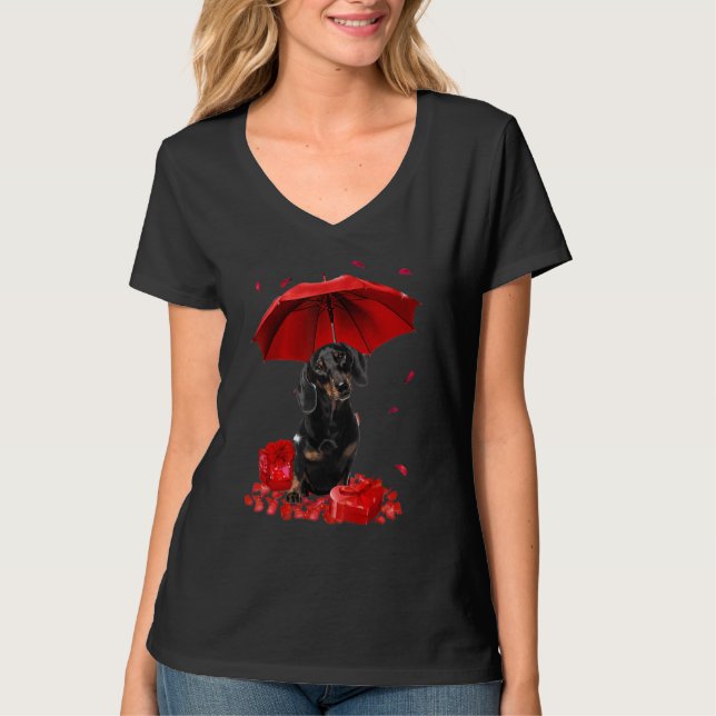 Valentines Day Dachshund Umbrella Heart Puppy Dog  T-Shirt (Front)