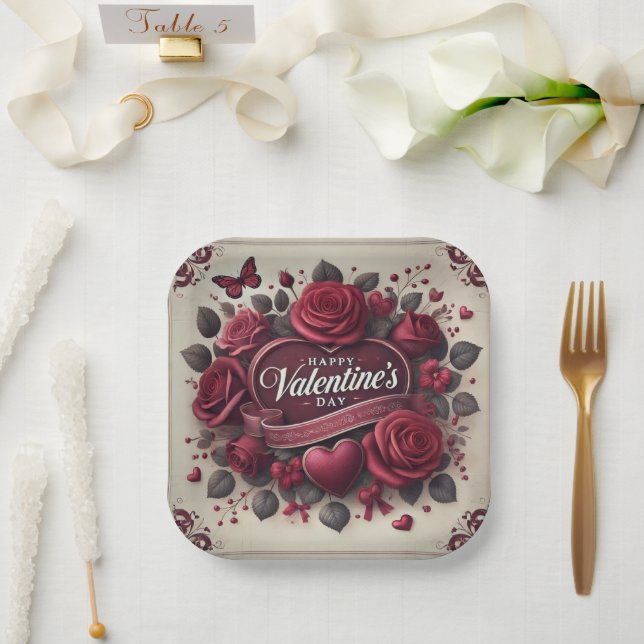 Valentine's Day Design With Roses and Heart    Paper Plates (Wedding)