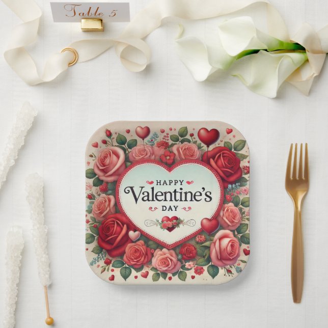Valentine's Day Design with Roses and Hearts Paper Plates (Wedding)