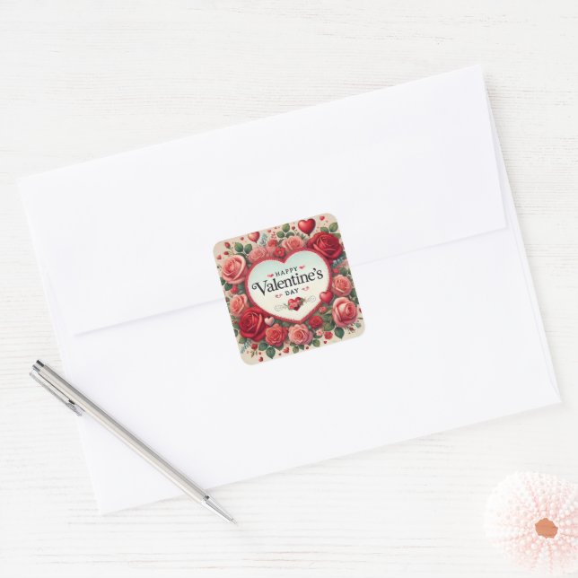 Valentine's Day Design with Roses and Hearts Square Sticker (Envelope)