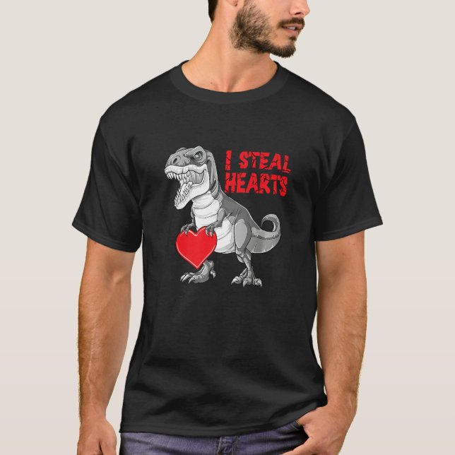 Valentines Day Dinosaur I Steal Hearts Boys Men Lo T-Shirt (Front)