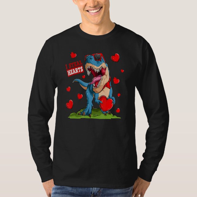 Valentines Day Dinosaur I Steal Hearts Boys Men Lo T-Shirt (Front)