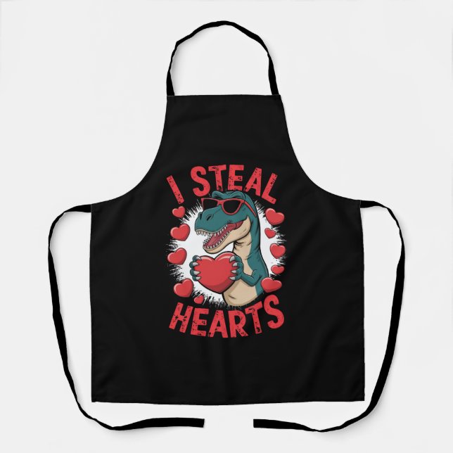 Valentines Day Dinosaur I Steal Hearts Love T rex Apron (Front)