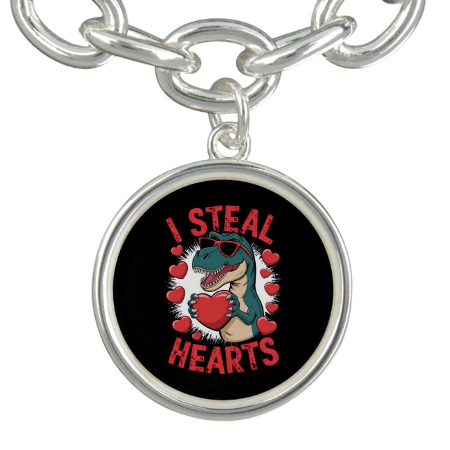 Valentines Day Dinosaur I Steal Hearts Love T rex Bracelet (Design)