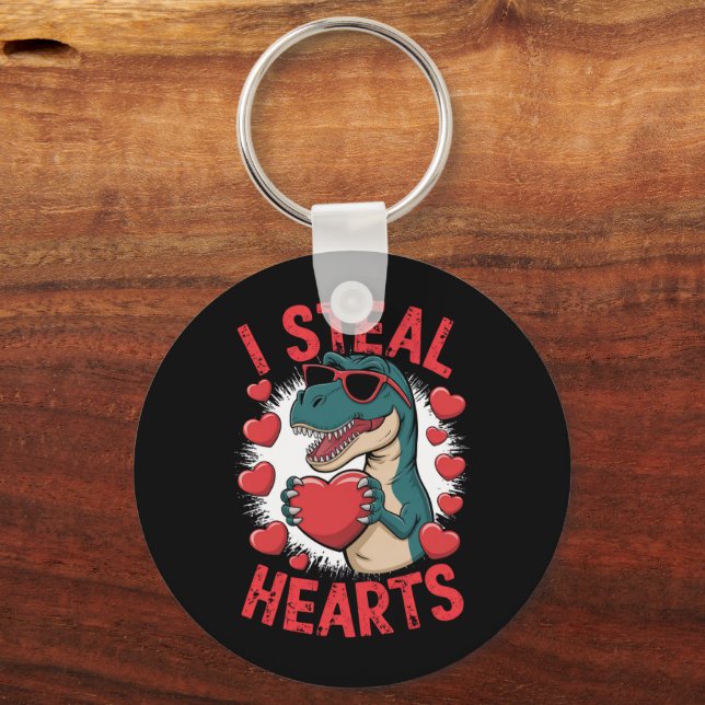Valentines Day Dinosaur I Steal Hearts Love T rex Keychain (Front)