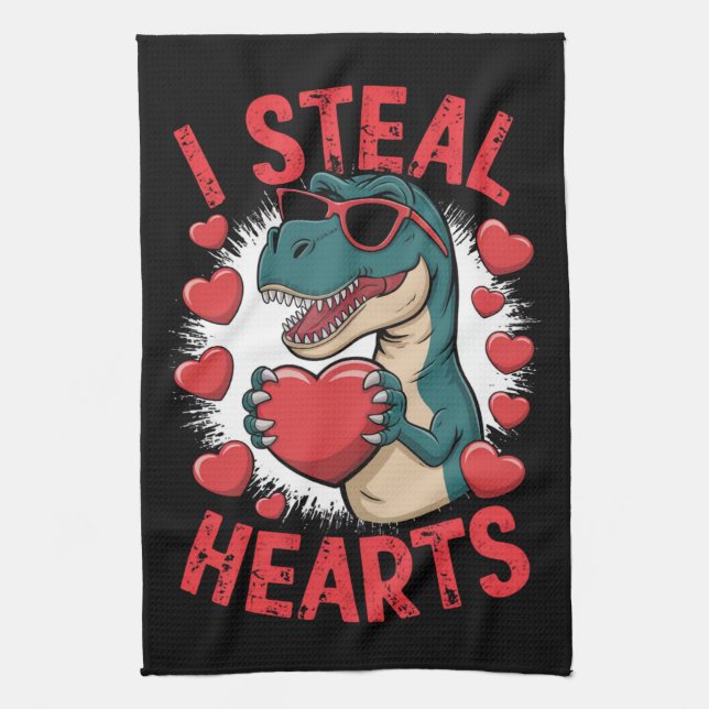 Valentines Day Dinosaur I Steal Hearts Love T rex Kitchen Towel (Vertical)