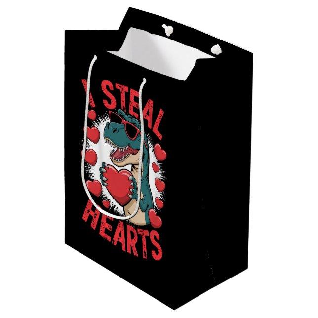 Valentines Day Dinosaur I Steal Hearts Love T rex Medium Gift Bag (Front Angled)