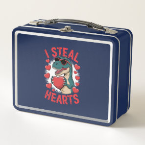Valentines Day Dinosaur I Steal Hearts Love T rex Metal Lunch Box
