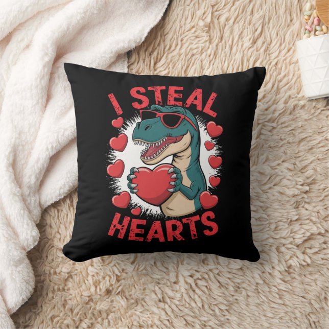 Valentines Day Dinosaur I Steal Hearts Love T rex Throw Pillow (Blanket)