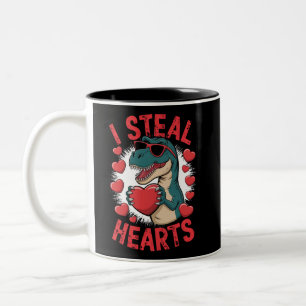 Valentines Day Dinosaur I Steal Hearts Love T rex Two-Tone Coffee Mug
