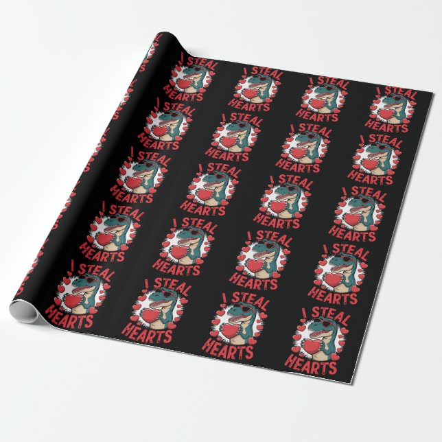 Valentines Day Dinosaur I Steal Hearts Love T rex Wrapping Paper (Unrolled)