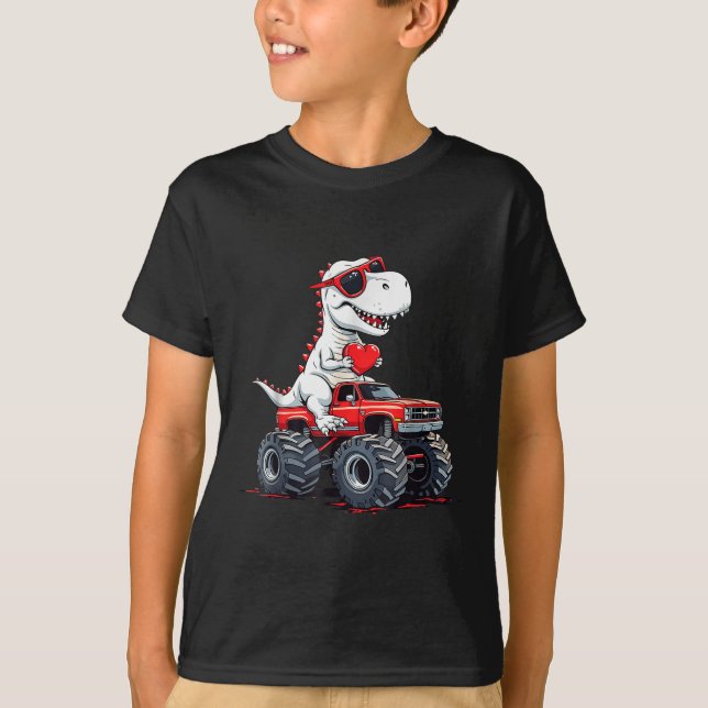 Valentines Day Dinosaur Monster Truck With Heart B T-Shirt (Front)