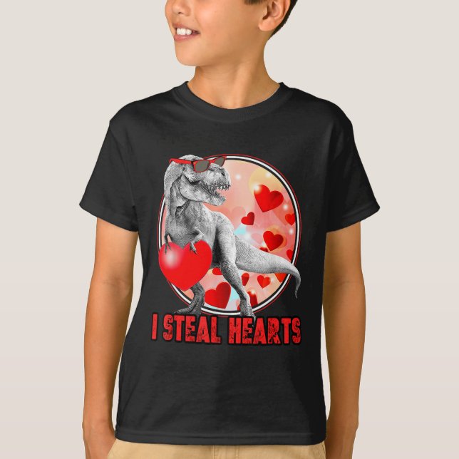 Valentines Day Dinosaur T Rex I Steal Hearts Funny T-Shirt (Front)