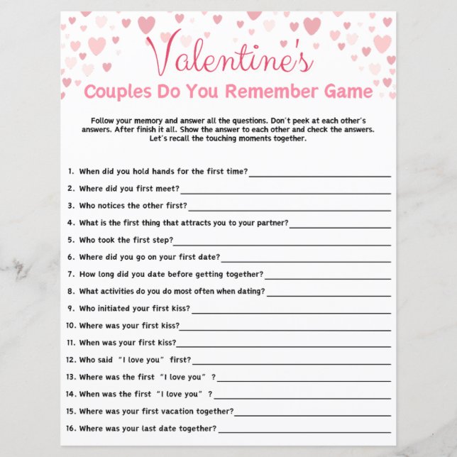 Valentine's Day Do You Remember Game (Front)