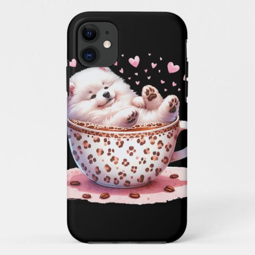 valentines day dog in coffee cup iPhone 11 case