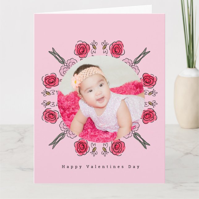 Valentines Day Doodle Hearts Floral Bee Photo Card (Front)