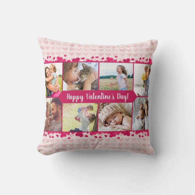 Valentine's Day Eight Photo Collage with Hearts Throw Pillow (Front)
