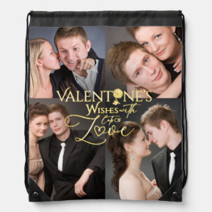 Valentine's Day Elegant Gold Photo Collage  Drawstring Bag