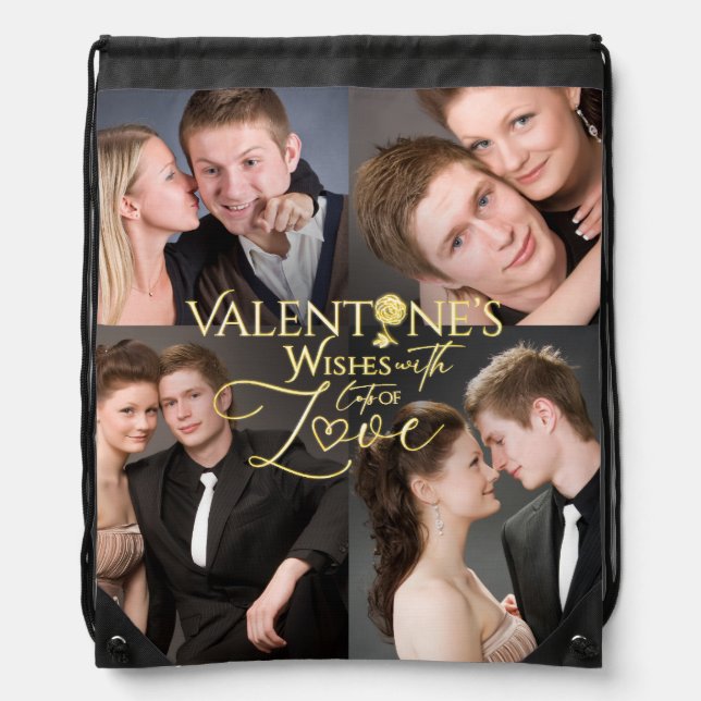 Valentine's Day Elegant Gold Photo Collage  Drawstring Bag (Front)