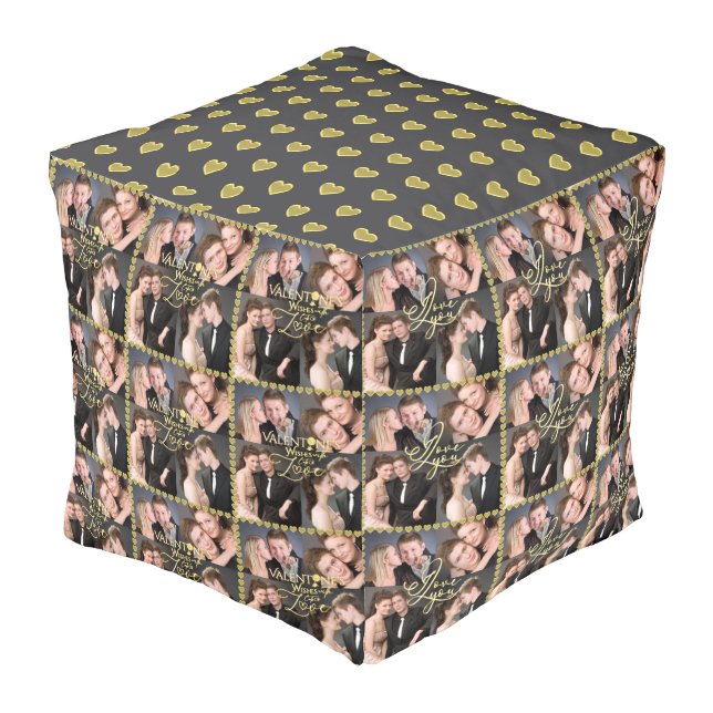 Valentine's Day Elegant Gold Photo Collage  Pouf (Angled Front)