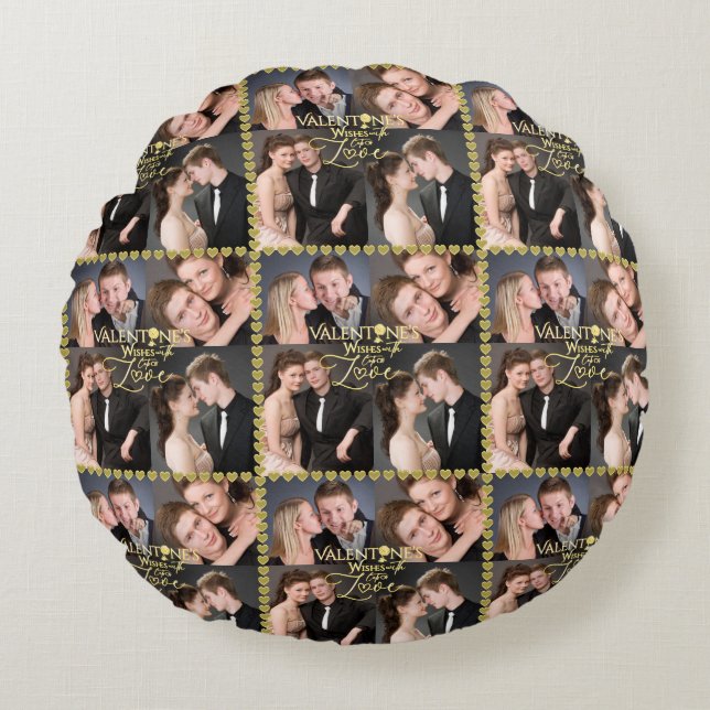 Valentine's Day Elegant Gold Photo Collage  Round Pillow (Front)