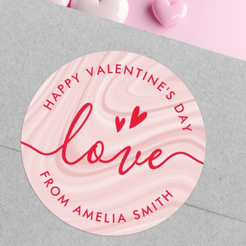 Valentines Day elegant script blush pink and red Classic Round Sticker