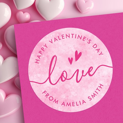 Valentines Day elegant script pink hearts Classic Round Sticker