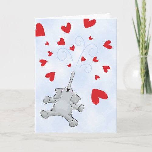 Valentines Day Elephant with Showers of Hearts Holiday Card