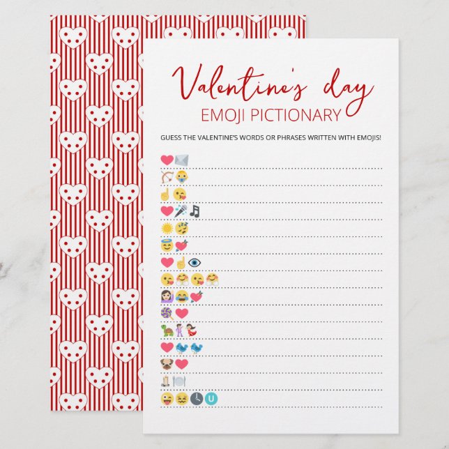 Valentine's day Emoji Pictionary game with Answers (Front/Back)