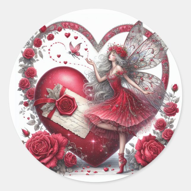 Valentine's Day Fairy Heart Red White Classic Round Sticker (Front)