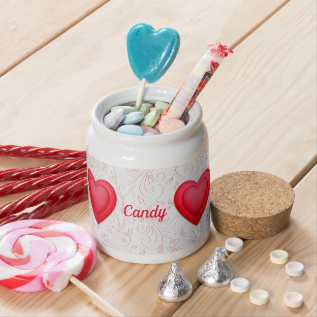 Valentine's Day Fancy Red Hearts Personalized Candy Jar (In Situ)