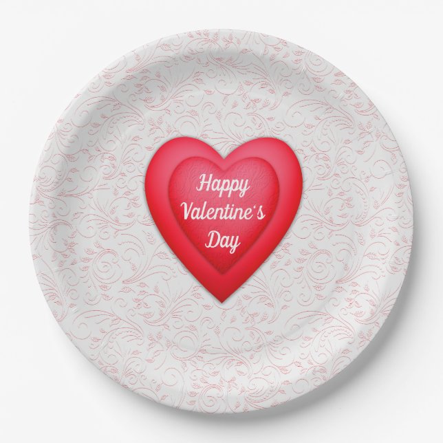 Valentine's Day Fancy Red Hearts Personalized Paper Plates (Front)