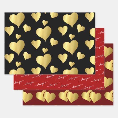 VALENTINES DAY FAUX GOLD FOIL I LOVE YOU HEARTS WRAPPING PAPER SHEETS