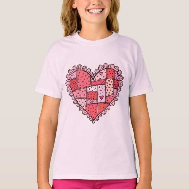 Valentine's Day Faux Patchwork Heart Doodle Kids T-Shirt (Front)