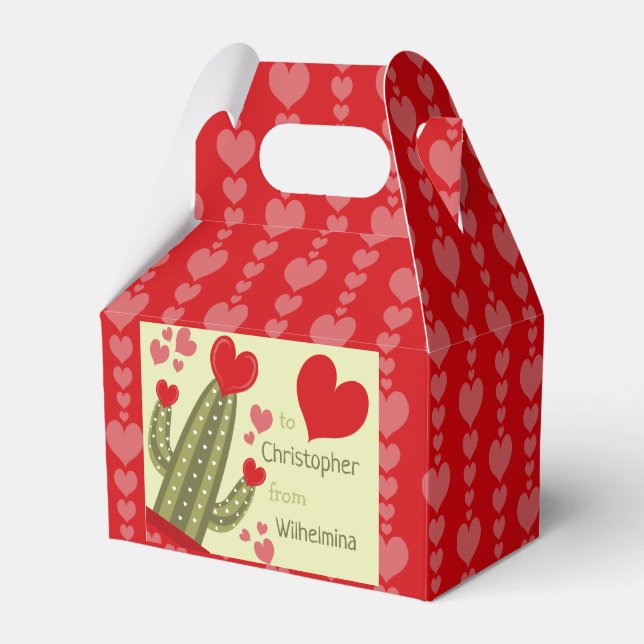 Valentine's Day Favor Box Pink & Red Hearts Cactus (Front Side)