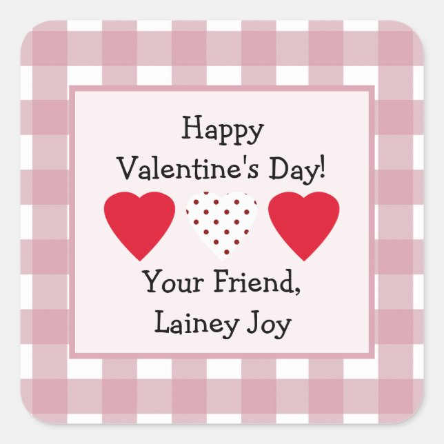 Valentine's Day Favor Sticker with Pink Plaid (Front)
